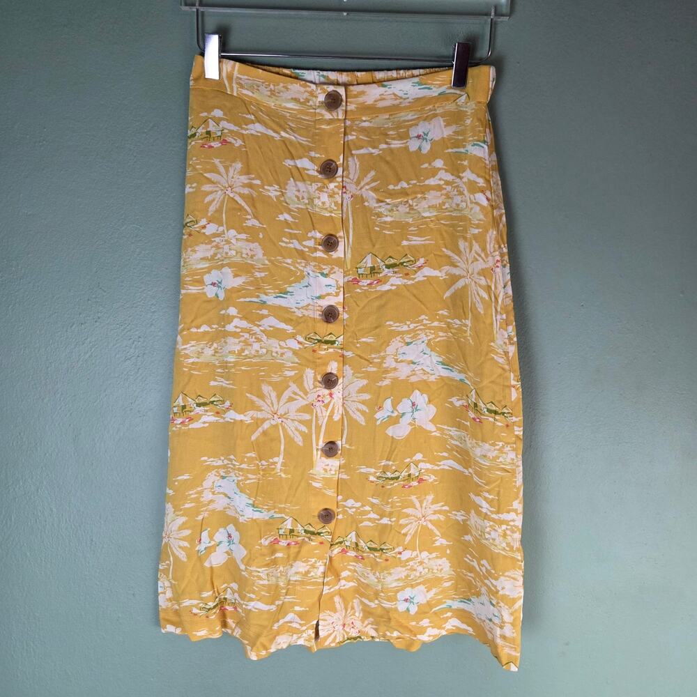 LC Lauren Conrad Womens Tropical Print Button Front Skirt Yellow Small Vacation